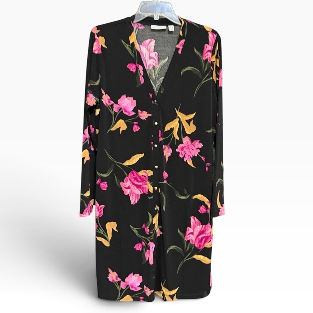 Susan Graver Brushed Liquid Knit Cardigan M Black Floral Duster Long Pockets